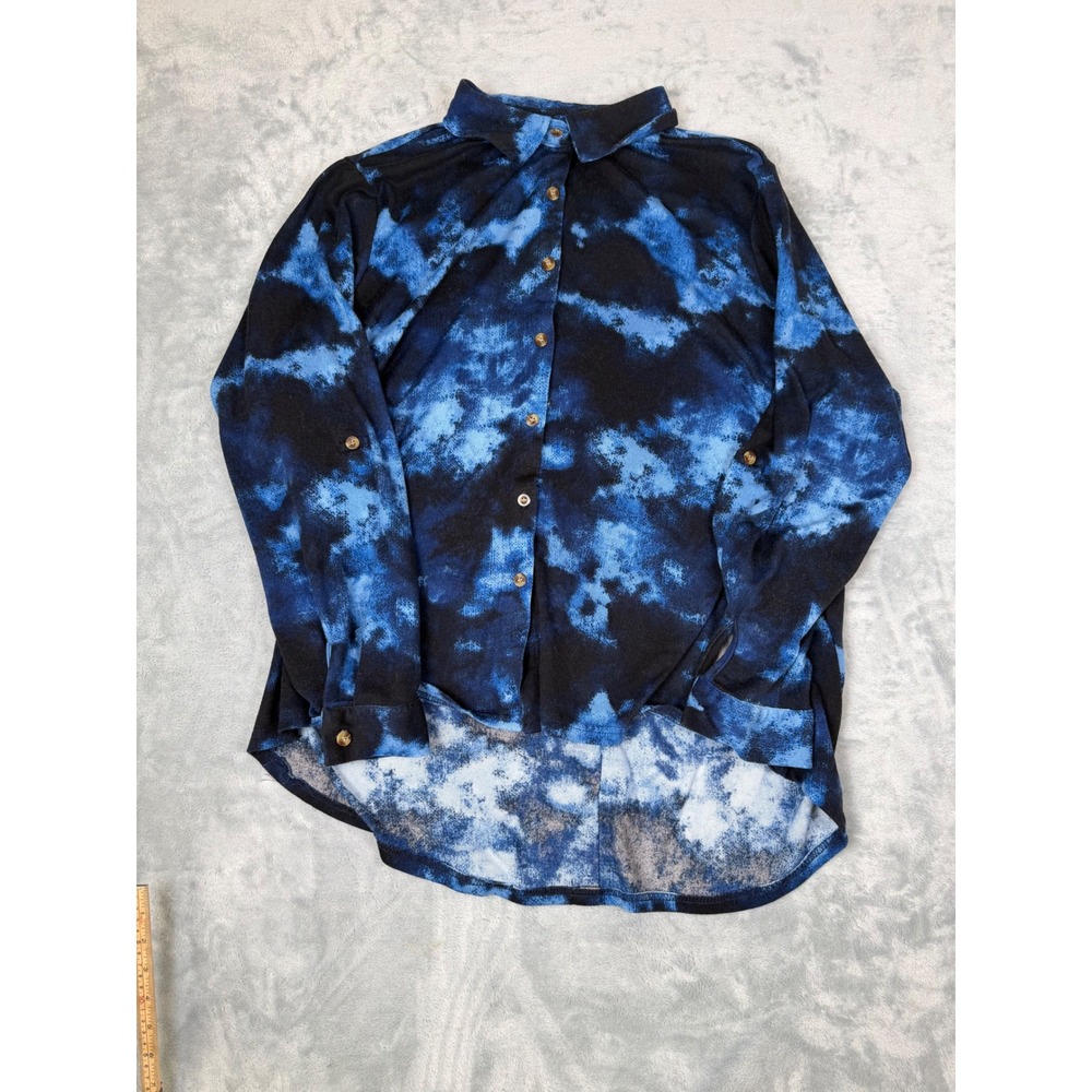 Robert Louis Women 2X Blue Black Tie Dye Button Down Roll Tab High Low Shirt